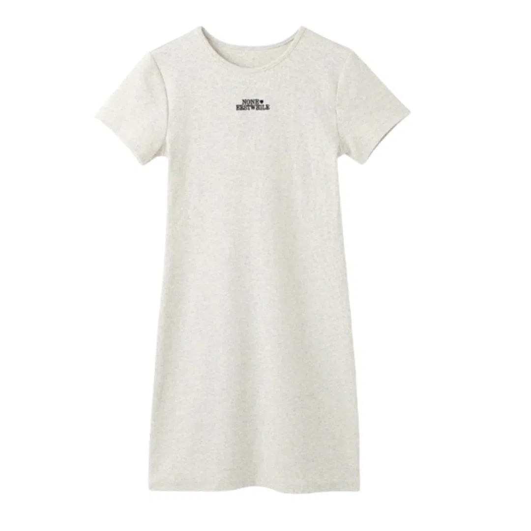 美丽衣橱 修身设计感圆领短袖连衣裙 女款 米白色