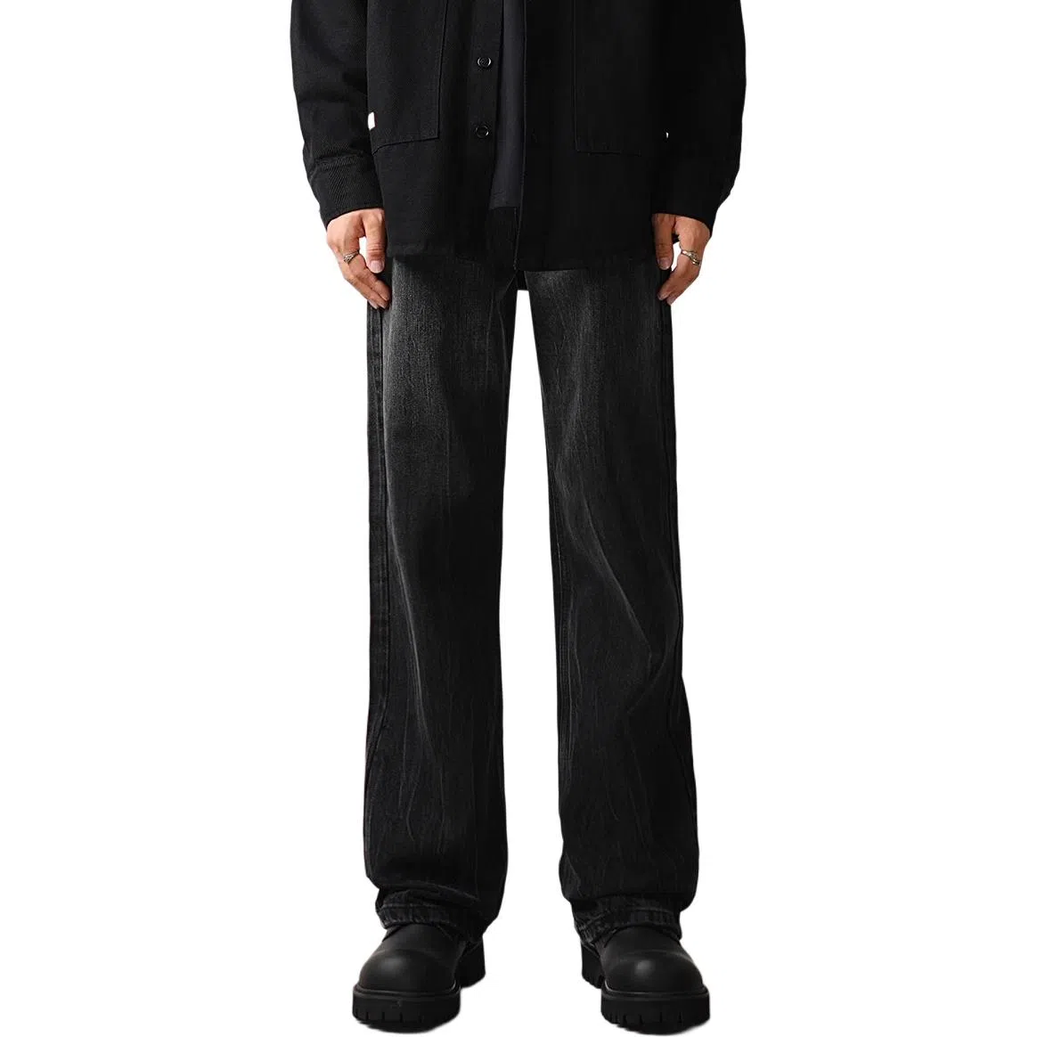 么宁 渐变微喇潮牌宽松长裤子阔腿直筒牛仔裤 男女同款 黑色