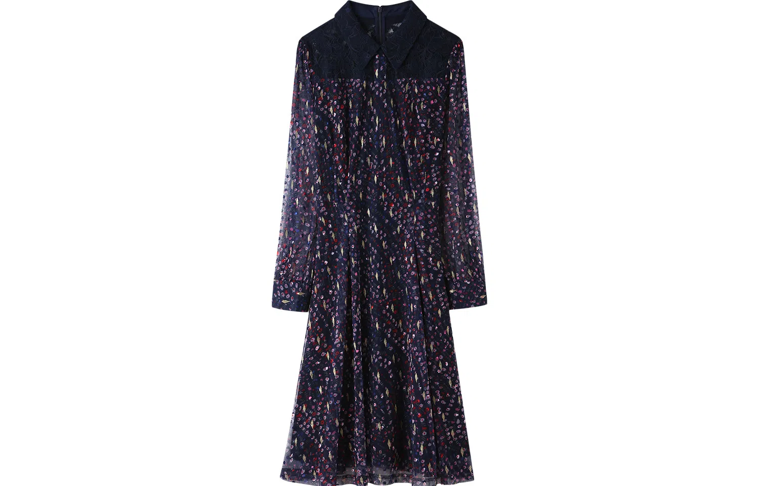 恒源祥 碎花微透网纱雪纺衬衫领高腰长袖连衣裙 道奇蓝