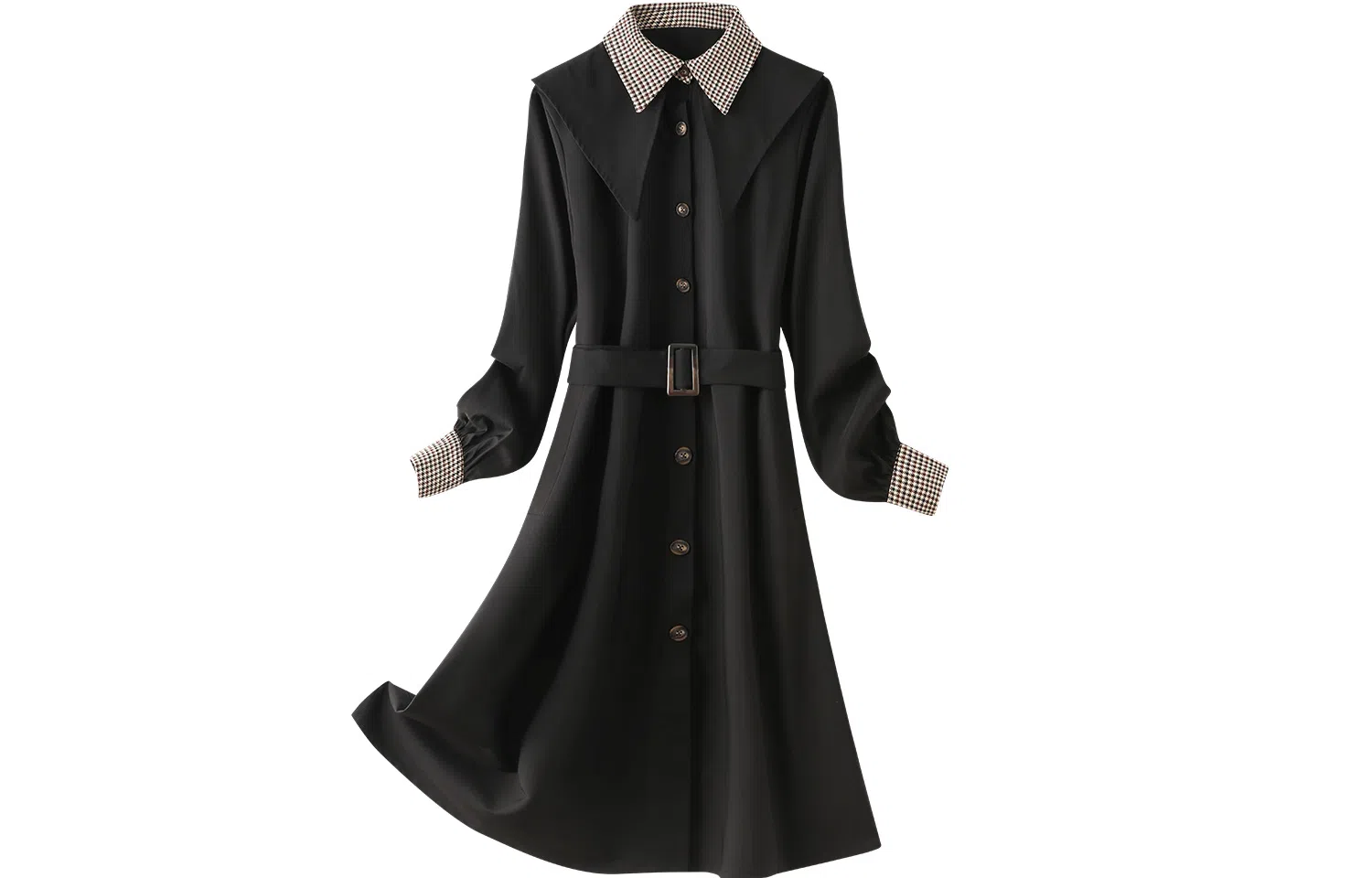 恒源祥 单排扣收腰中长款长袖连衣裙 黑色