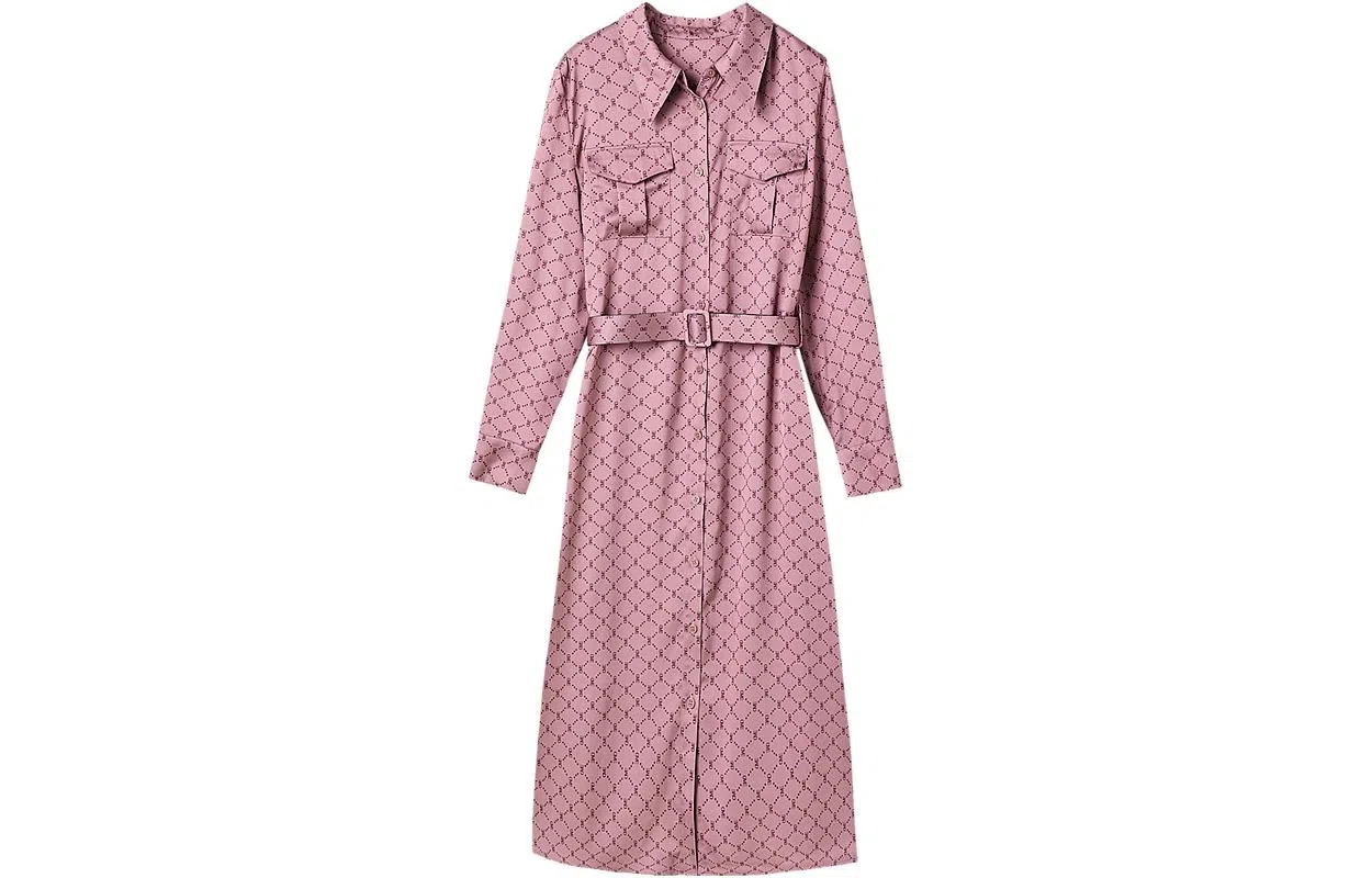 【dme】 印花翻领休闲长袖连衣裙 皮粉