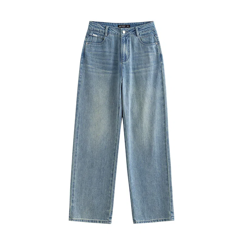 初语 复古休闲高腰拉链直筒牛仔裤 女款 浅蓝色