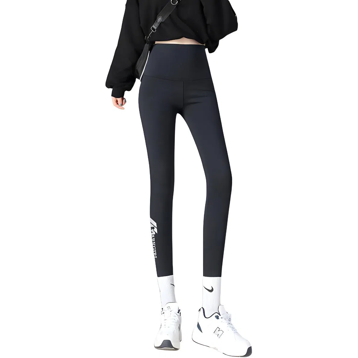 惟熙 休闲纯色印花高腰修身九分打底裤 女款 黑色