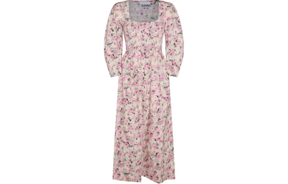 GANNI Printed Cotton Open-Neck Smock Long Dress