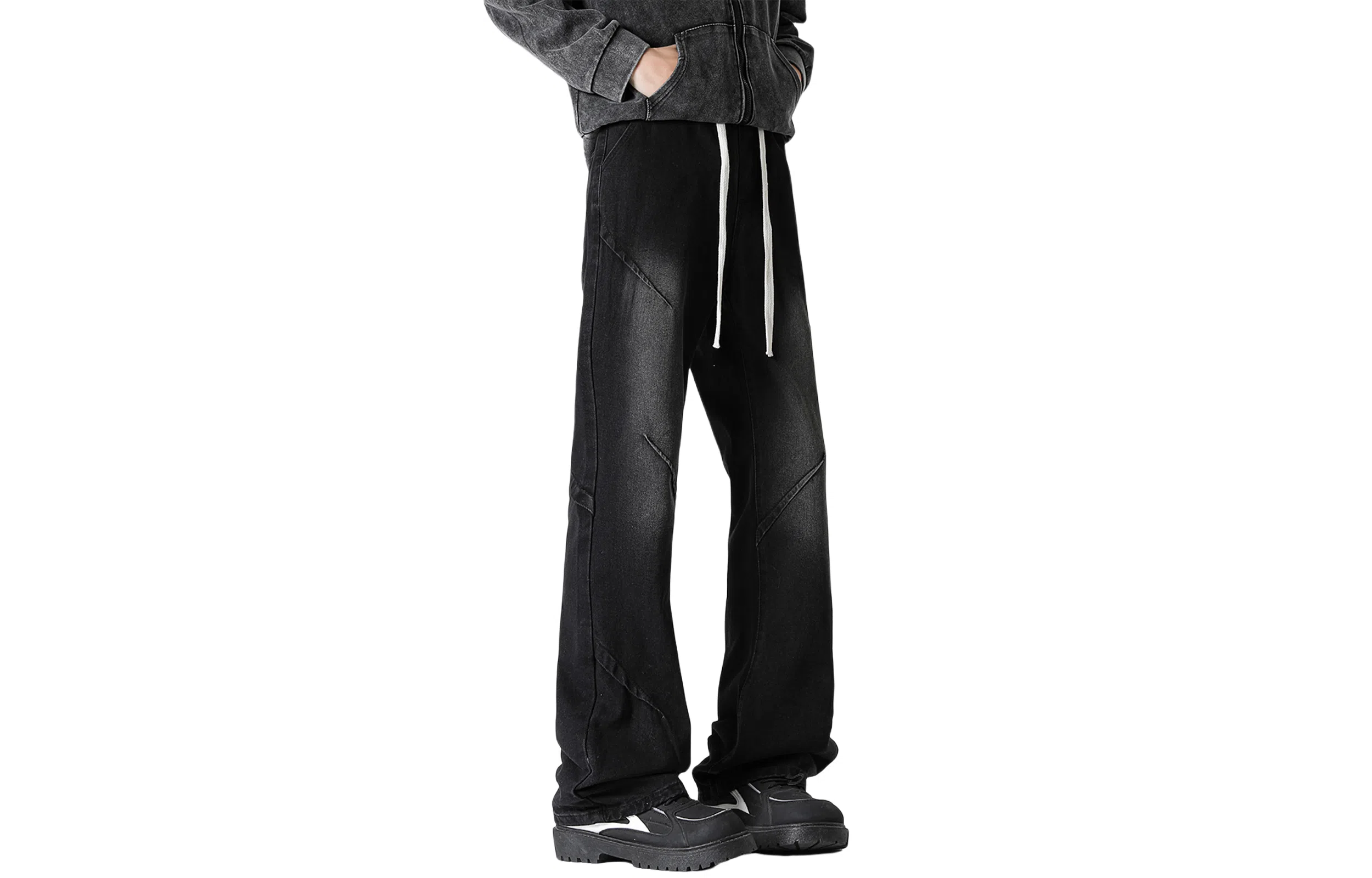 木林森 美式复古高街小众设计褶皱潮流宽松休闲简约水洗磨白微喇潮流百搭牛仔裤 男女同款