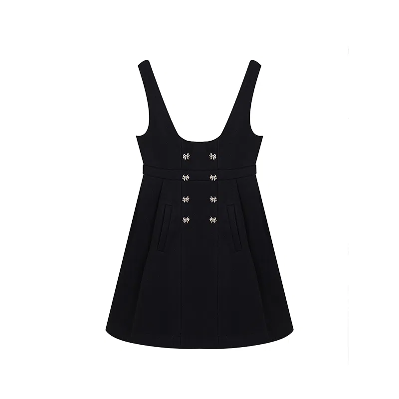 冰淇淋与鲸 纯色毛呢收腰无袖连衣裙 黑色