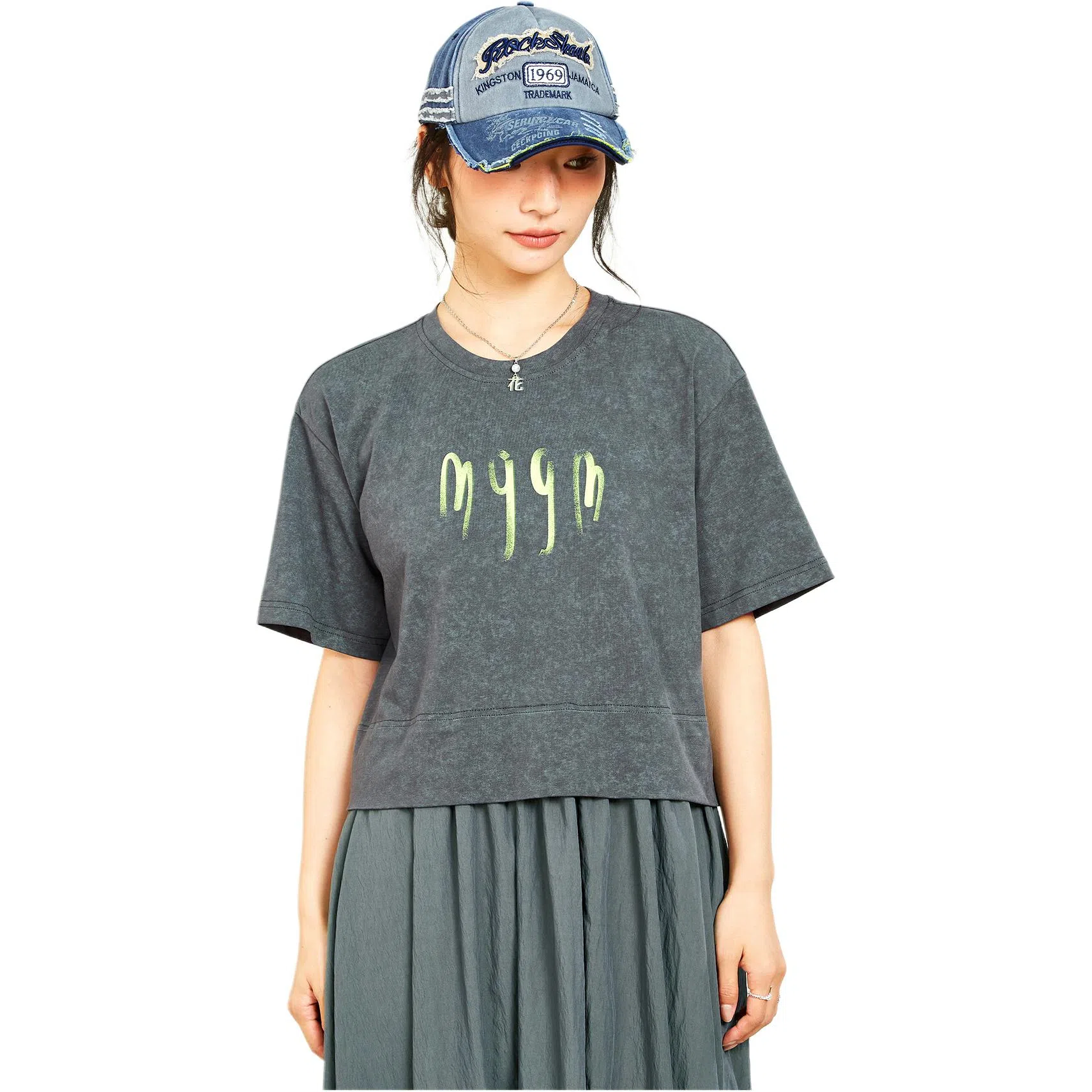 木果果木 夏季 拼接中长款宽松短袖连衣裙 女款 岩灰