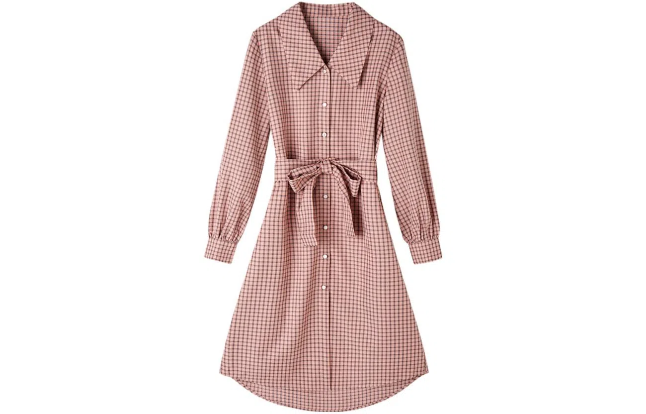 【dme】 简约收腰格子衬衫长袖连衣裙 皮粉