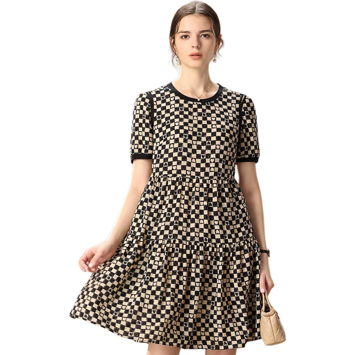 粉红玛琍 春 格子印花短袖连衣裙 宽松 女款 棋盘格