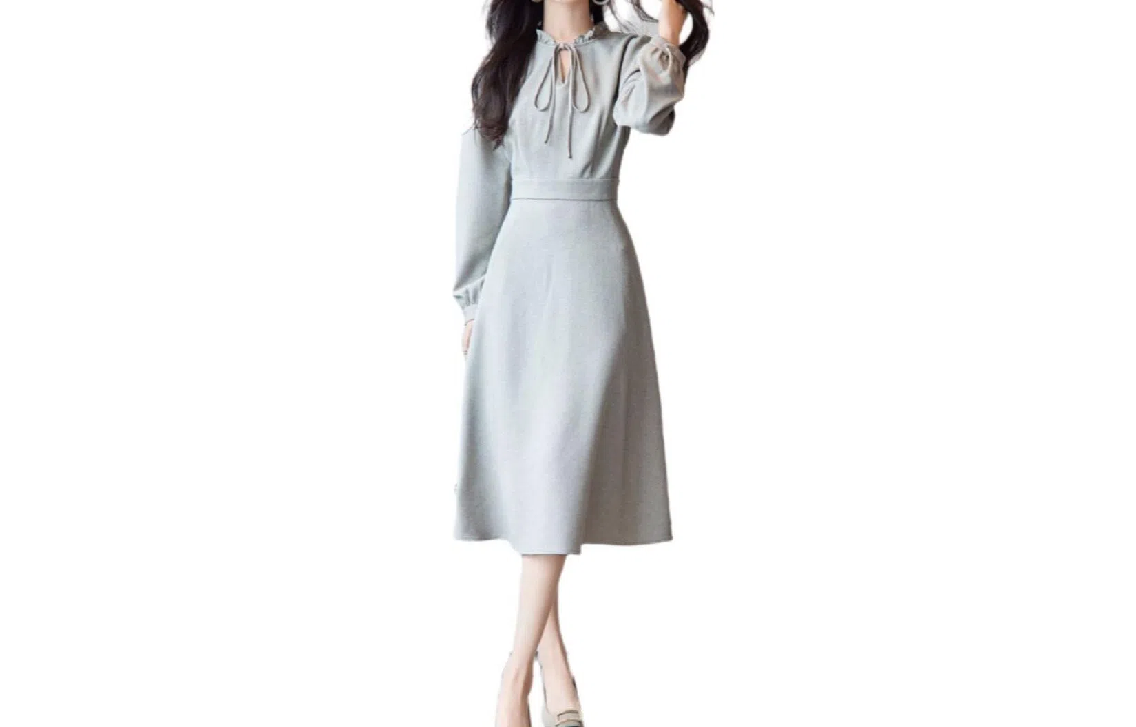 【dme】法式复古收腰气质中长款长袖连衣裙