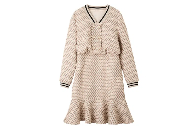 【dme】 鱼尾裙收腰压褶格子长袖连衣裙 皮粉