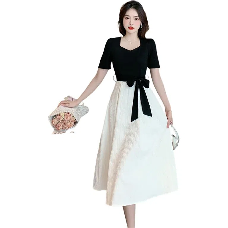 哒头下雨不愁 梨形身材茶歇法式气质名媛中长款短袖连衣裙 女款