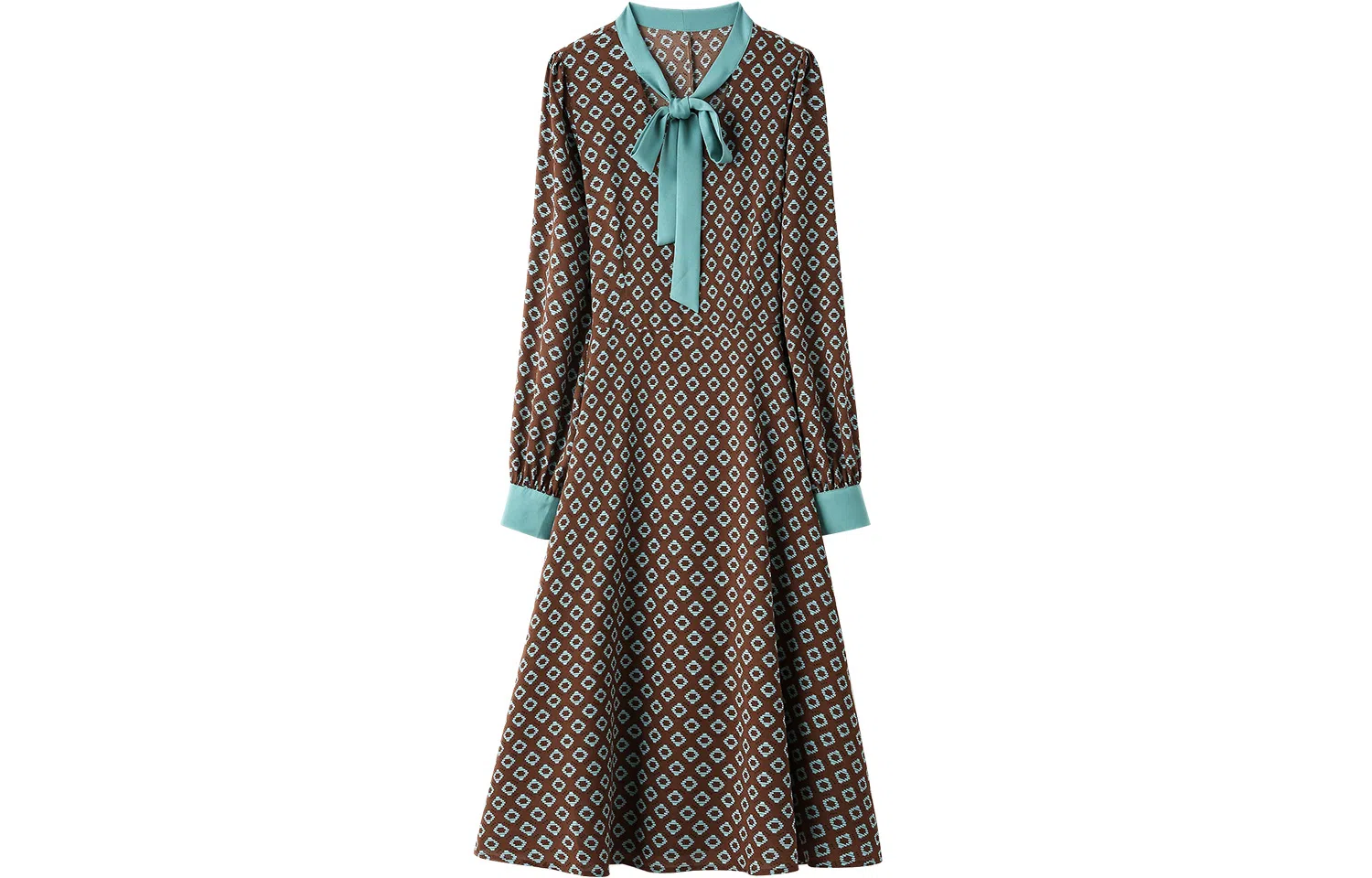 恒源祥 撞色印花菱形格子系带领长袖连衣裙 绿色