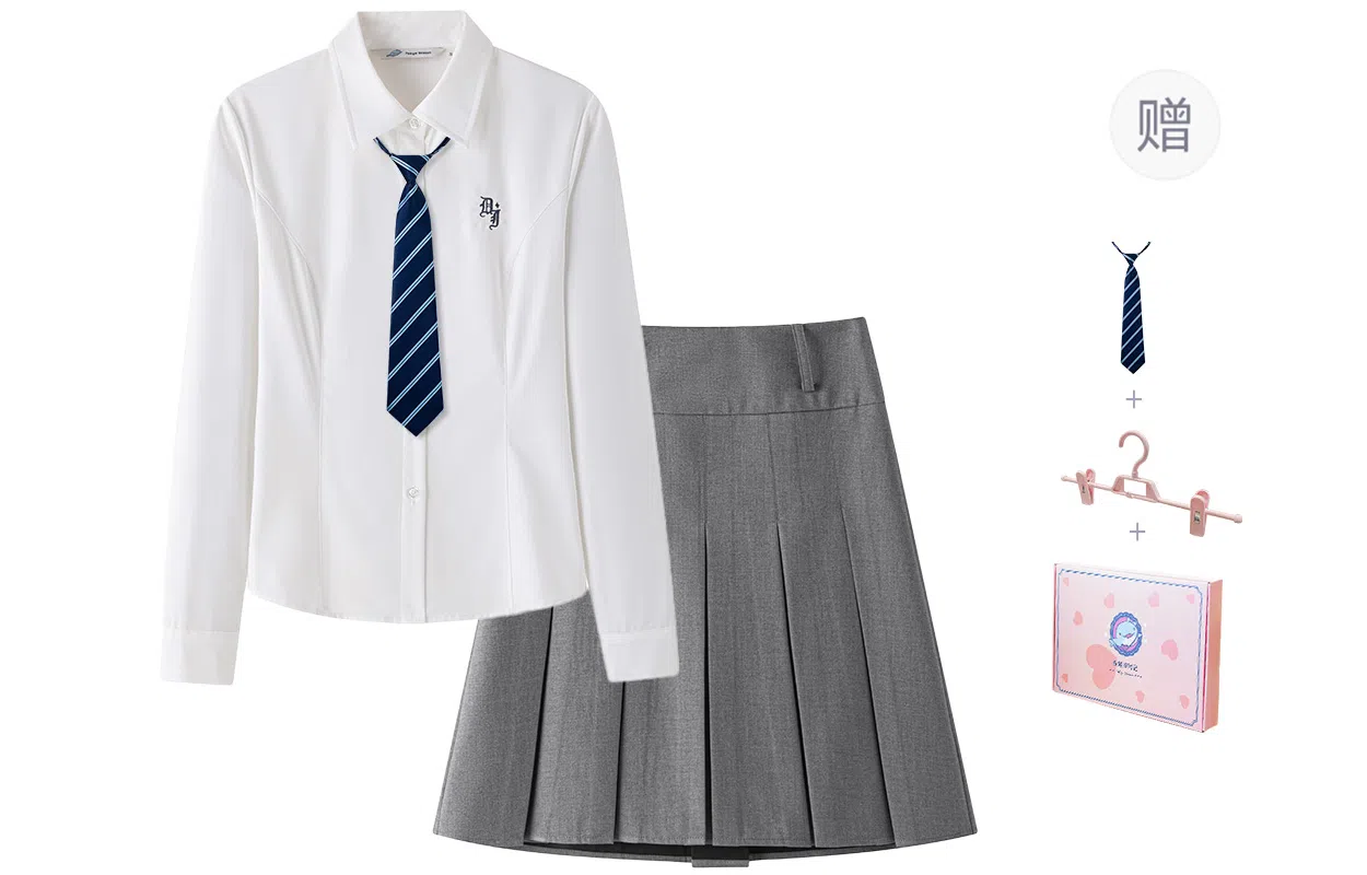 东鲸岁时记 学院风学姐感纯色松弛感长袖上衣中腰通勤收腰半裙衬衫套装 女款 灰色+白色