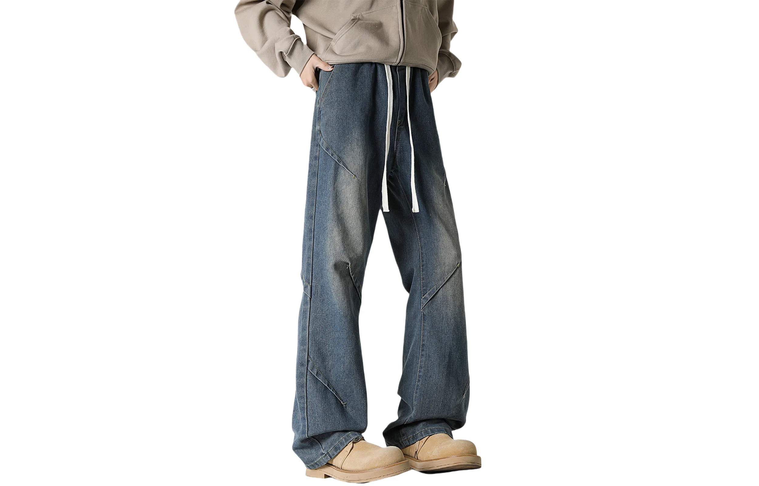 木林森 美式复古高街小众设计褶皱潮流宽松休闲简约水洗磨白微喇潮流百搭牛仔裤 男女同款