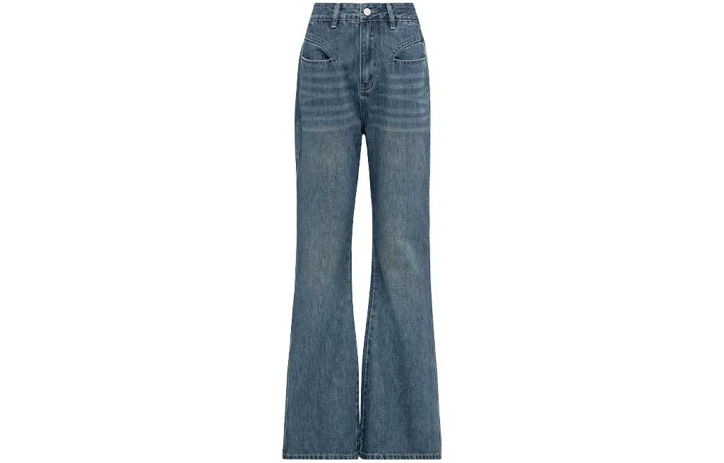 美洋 复古高腰休闲微喇牛仔裤 女款 深牛仔蓝