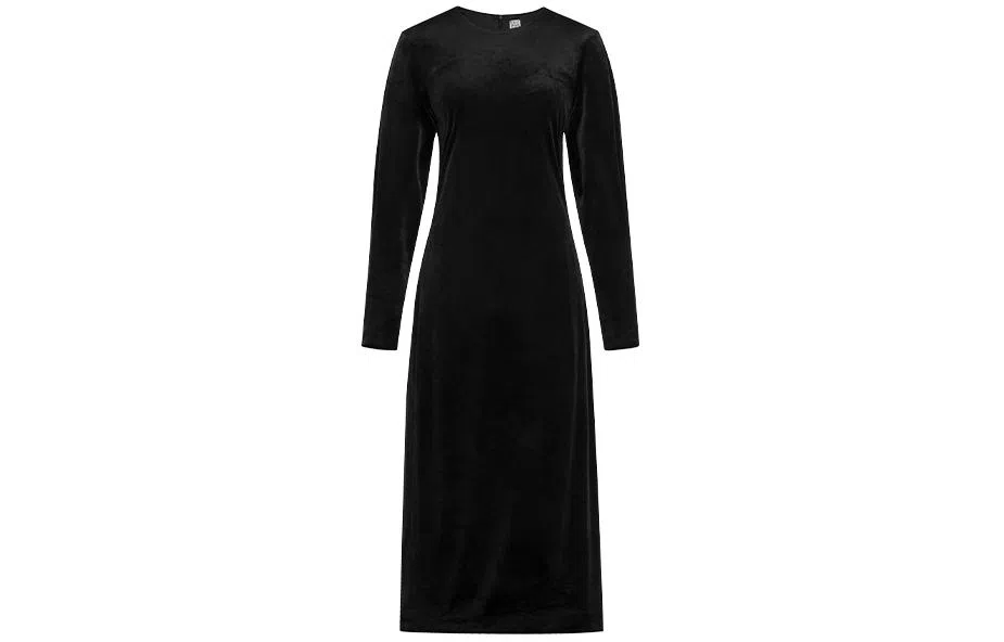 美洋 纯色圆领收腰开叉长款修身长袖连衣裙 女款 黑色