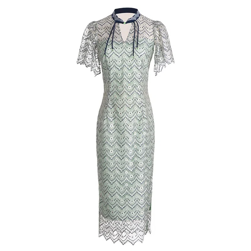 四美子 蕾丝复古钩花中长款侧开叉旗袍式短袖连衣裙 兰若