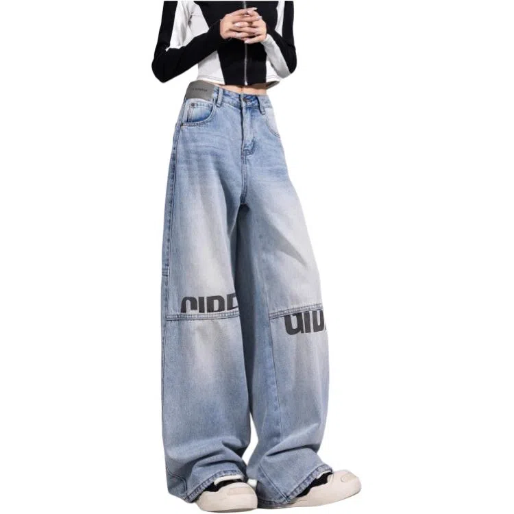 欧迪芬 美式复古水洗做旧情侣款潮牌高街阔腿裤子时尚休闲百搭中性高街拼接宽松百搭拖地简约时尚浅蓝色街头风休闲长裤牛仔裤 女款