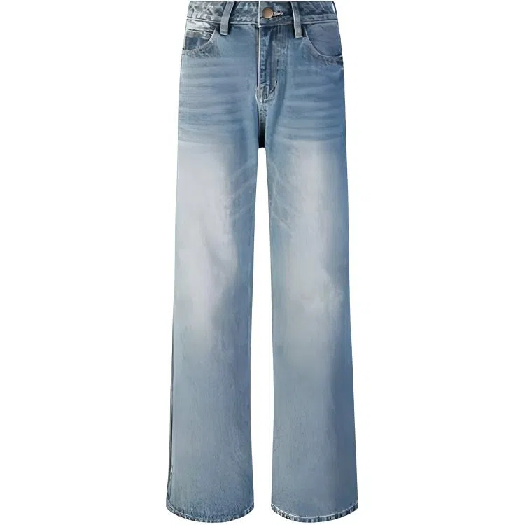 么宁 高腰直筒舒适百搭通勤牛仔裤 男女同款 浅蓝色