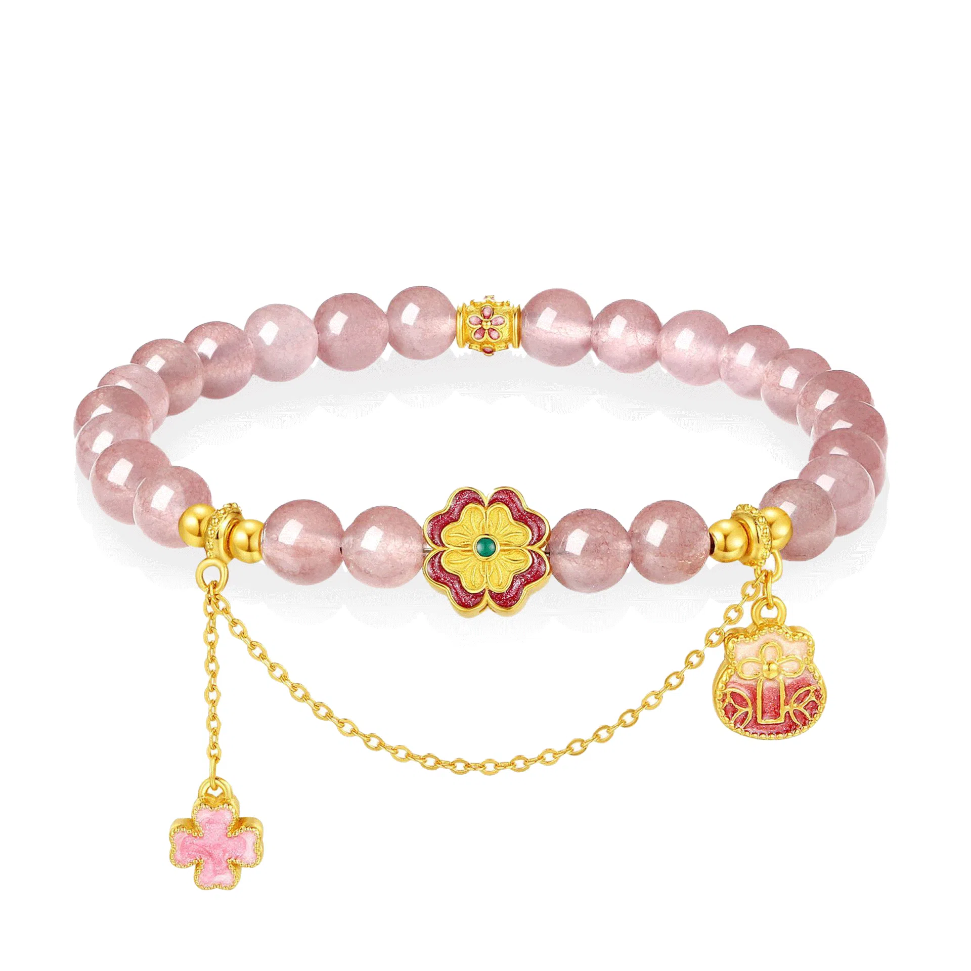 【S925银】 七好美银 四叶草钱袋花朵流苏新中式国风国潮复古温柔文雅幸运相伴小清新轻奢精致简约高级女神百搭#好运 草莓晶 手串 女款