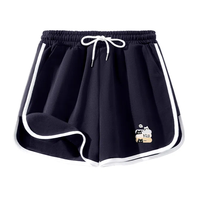 棉致 喵喵对话纯棉透气系带抽绳侧缝分割弧形摆围包边撞色设计感微宽松三分休闲短裤 女款