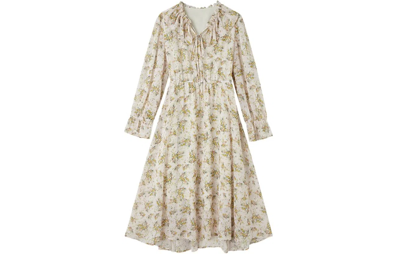 【dme】 碎花荷叶袖长袖连衣裙 黄色