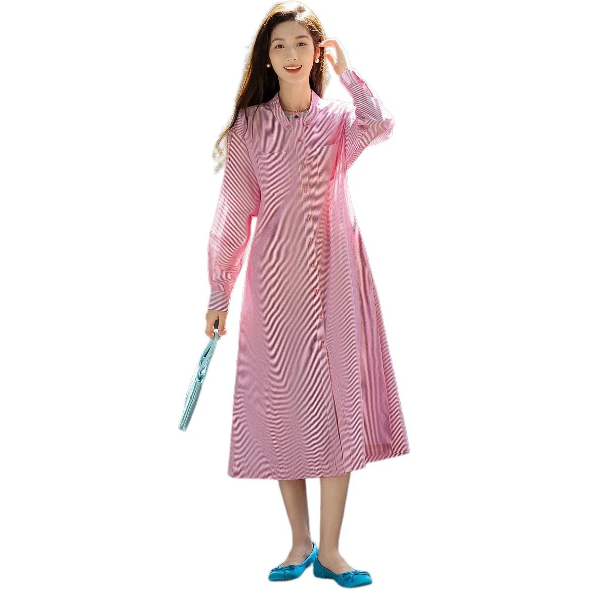 【dme】 条纹单排扣宽松立领衬衫长袖连衣裙 女款 粉红