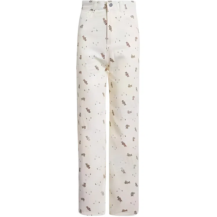 么宁 高腰设计感小众直筒阔腿牛仔裤 女款 小熊印花