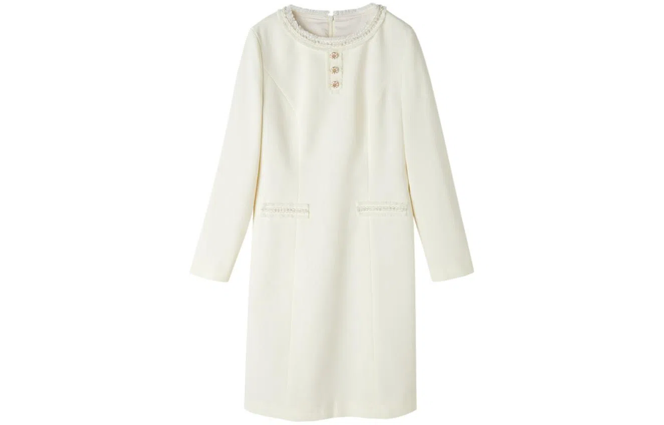 【dme】 纯色拉链收腰长袖连衣裙 米白