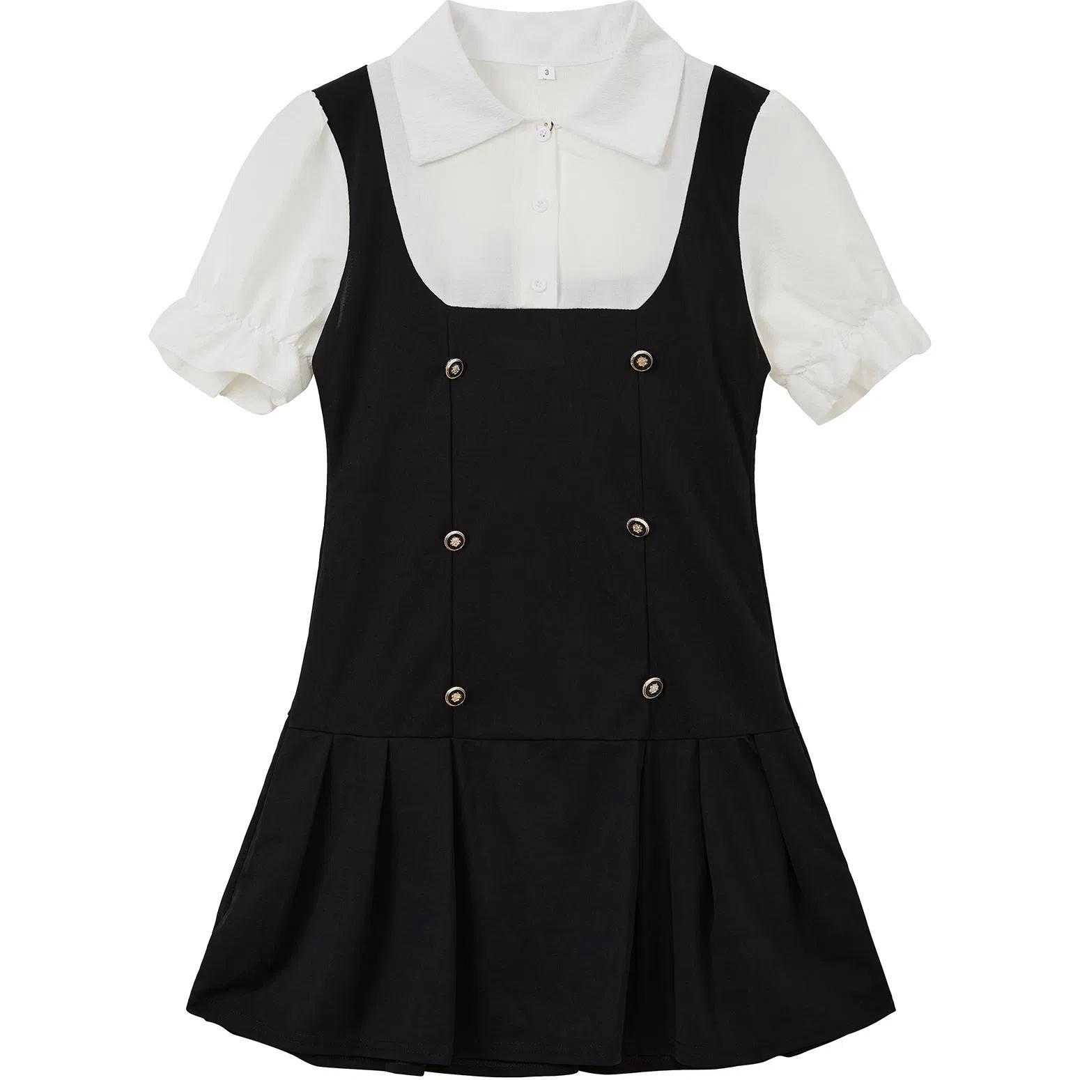 御茶家 学院风纯色收腰假两件托胸小香风短袖连衣裙 女款 黑色