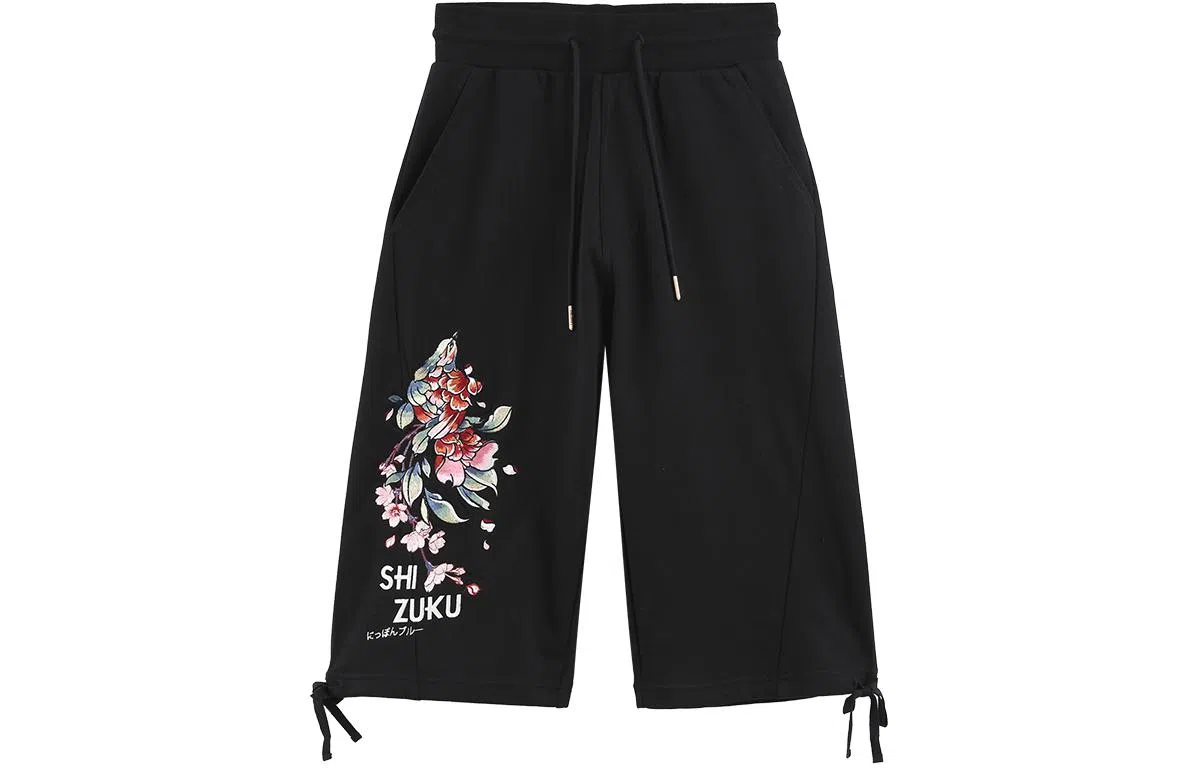 鬼洗 初花印绣花休闲短裤 女款 黑色