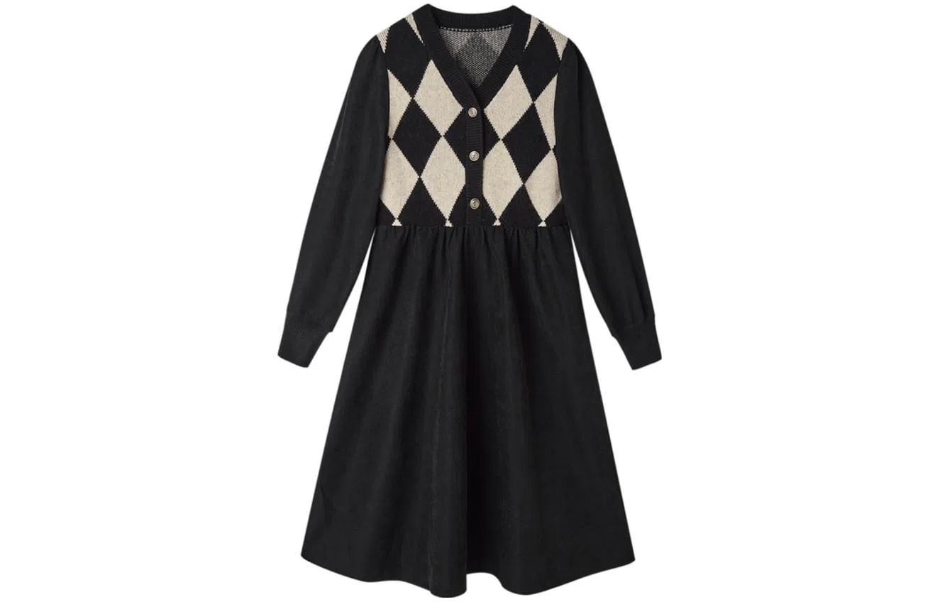 【dme】 格纹针织长袖连衣裙 女款 黑色