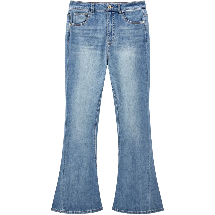 太平鸟 舒适喇叭马蹄牛仔裤 女款 中蓝