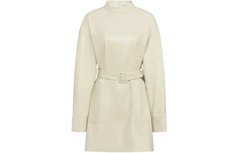 美洋 纯色立领休闲长袖连衣裙 米白