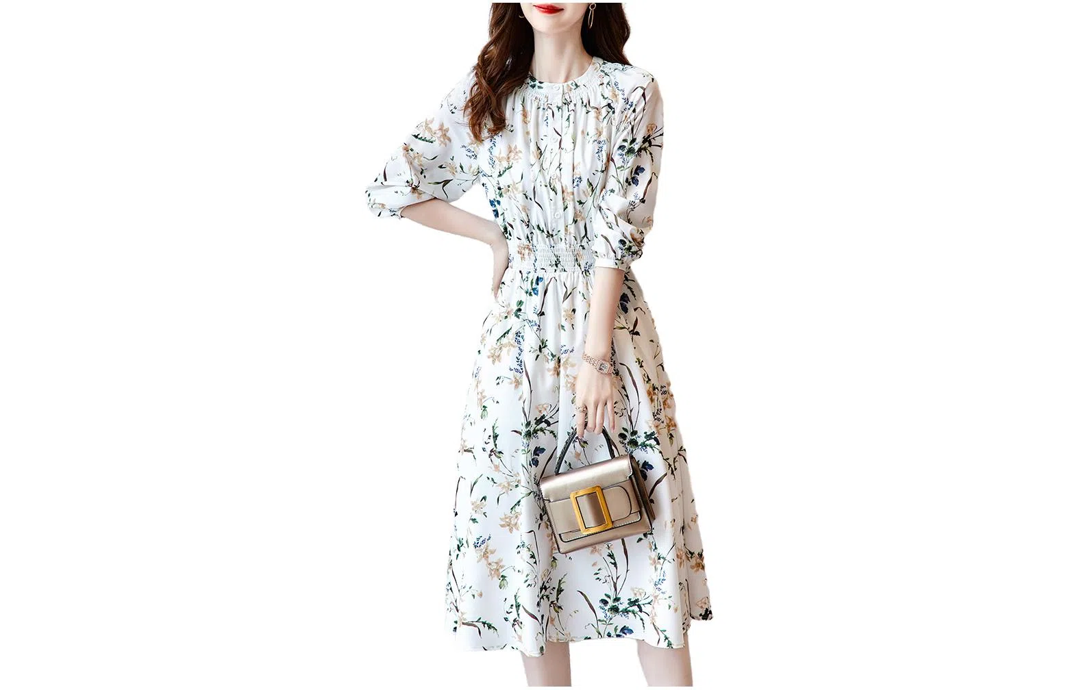 【dme】 碎花中腰圆领长袖连衣裙 丛林绿