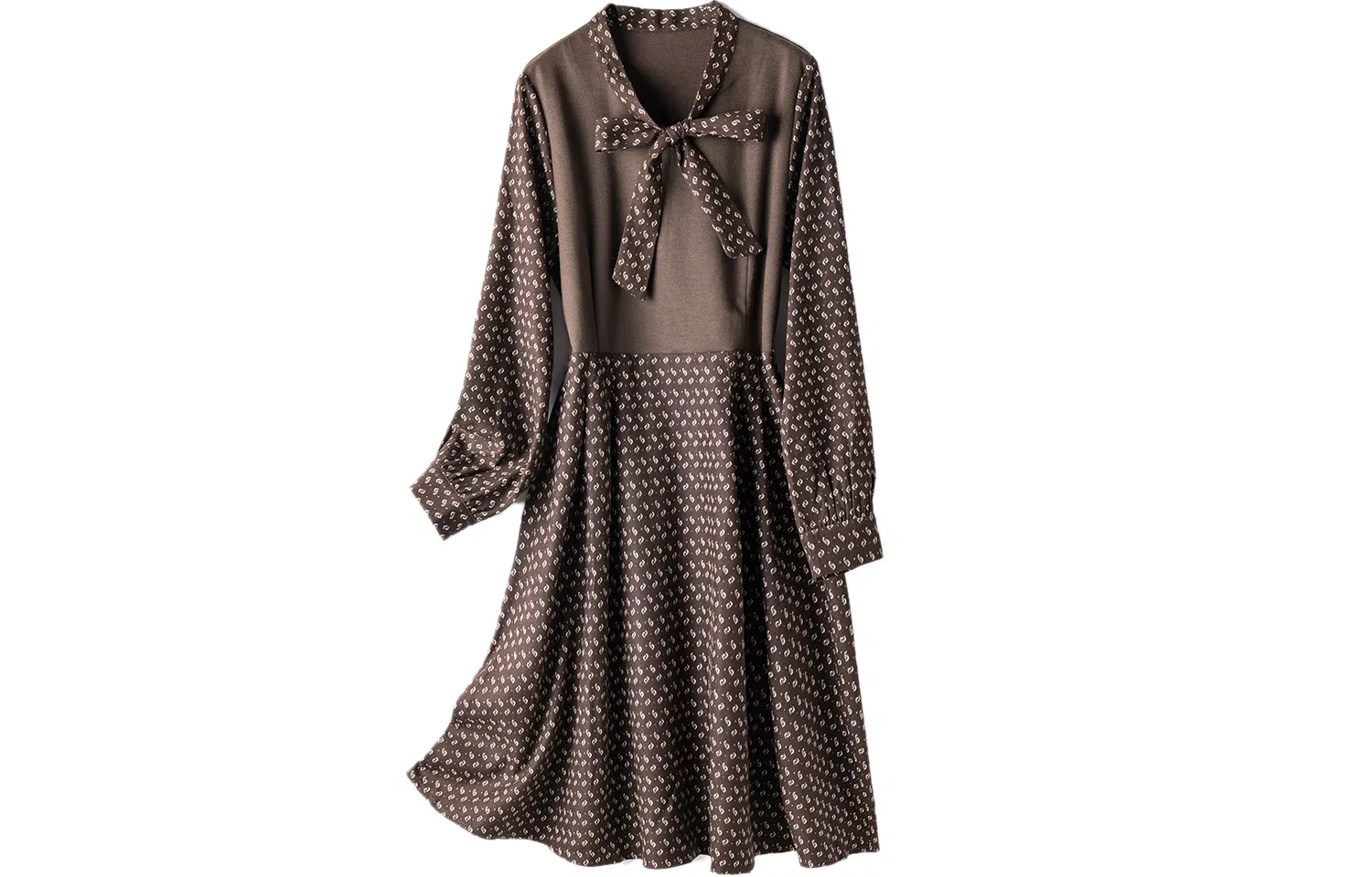 恒源祥 系带领碎花长袖连衣裙 咖啡色