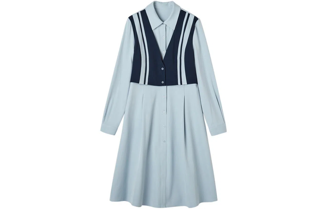 【dme】 法式撞色条纹衬衫长袖连衣裙 淡蓝