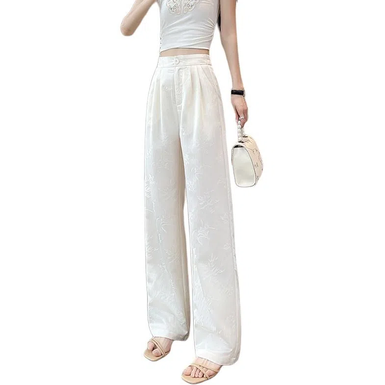 缪斯的诱惑 提花阔腿薄款绣花休闲高腰垂感黑色西装裤 女款