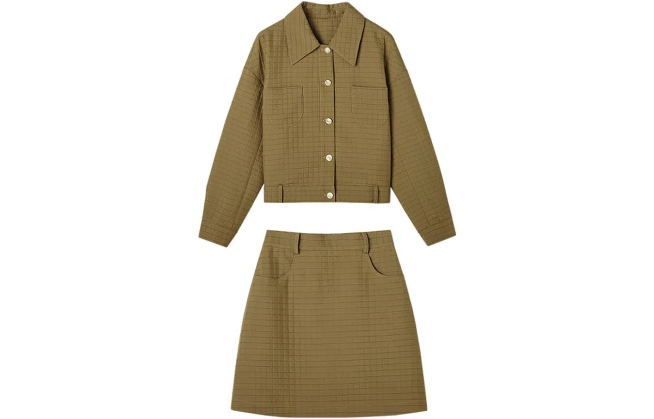 【dme】 翻领长袖截短外套纯色休闲半身裙裙装套装 女款 深卡其