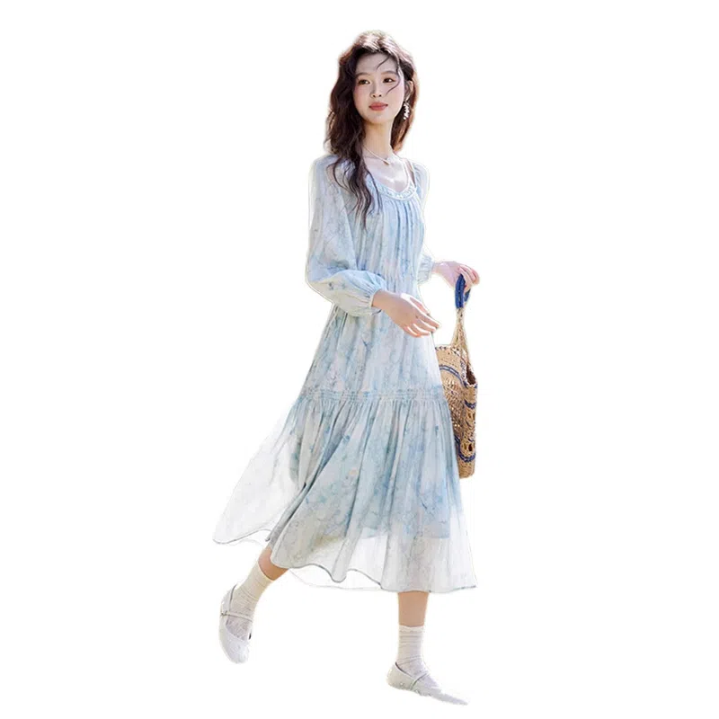 谜秀 时尚舒适百搭长袖连衣裙 女款 奈良蓝花