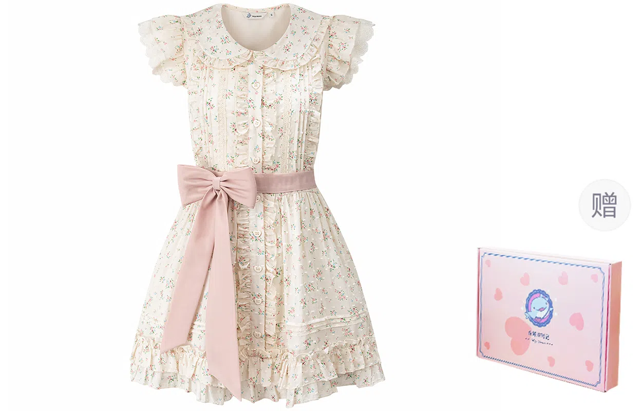 东鲸岁时记 碎花小飞袖海边度假风小个子独特绝美无袖连衣裙 女款 礼盒装 桃之夭夭
