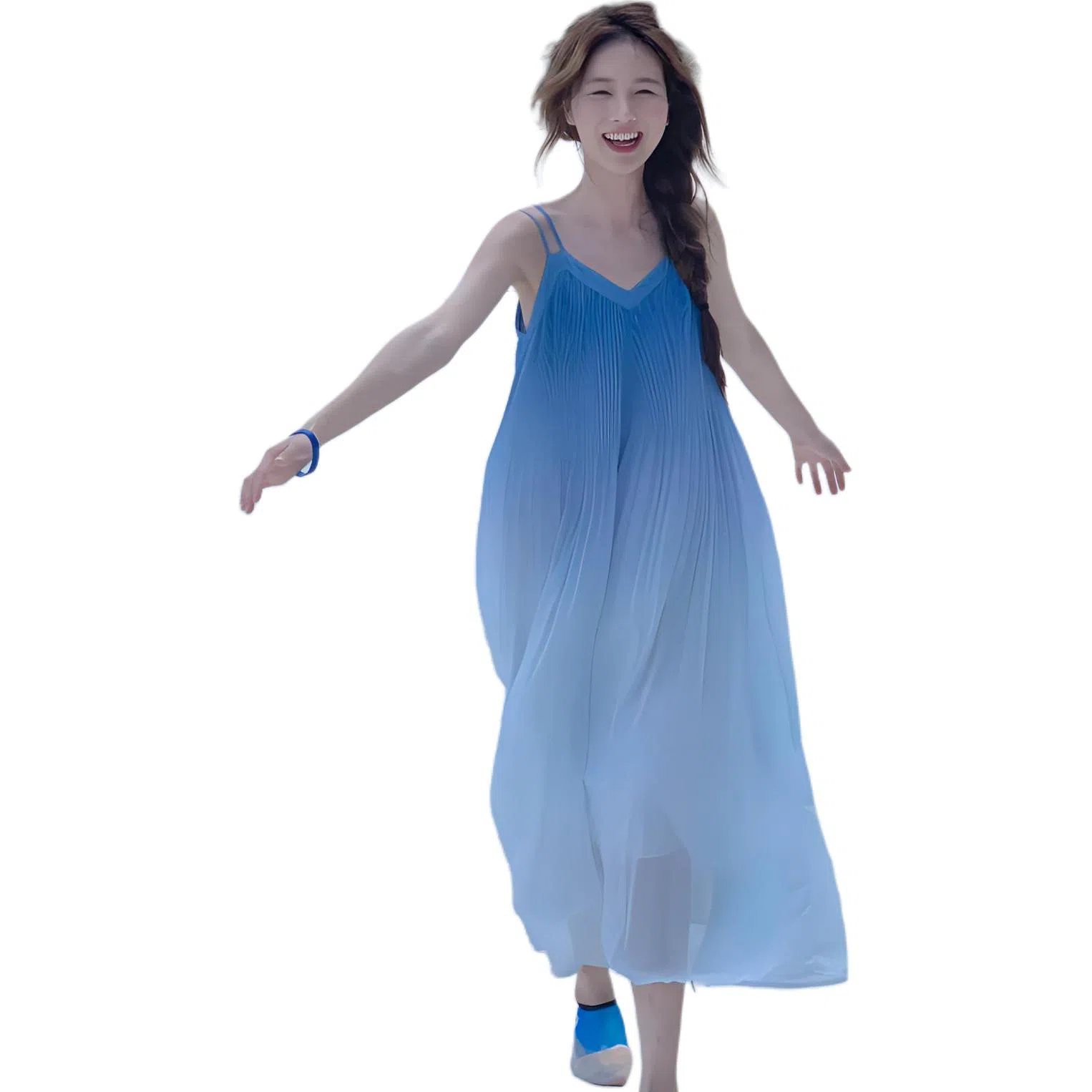 缪斯的诱惑 夏季法式海边度假风渐变时尚海浪裙潮无袖吊带连衣裙 女款 蓝色
