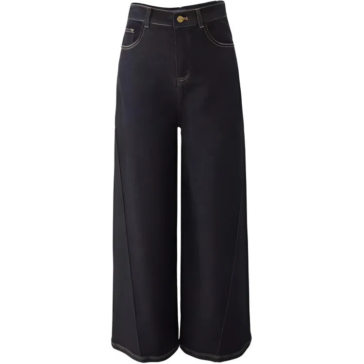 娅丽达 纯色拉链阔腿高腰牛仔裤 女款