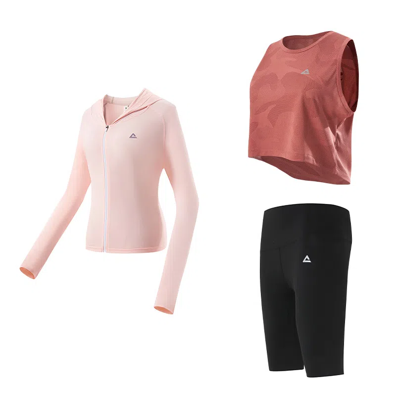 匹克 瑜伽服健身运动服套装 粉色背心五分打底裤三件套 女款