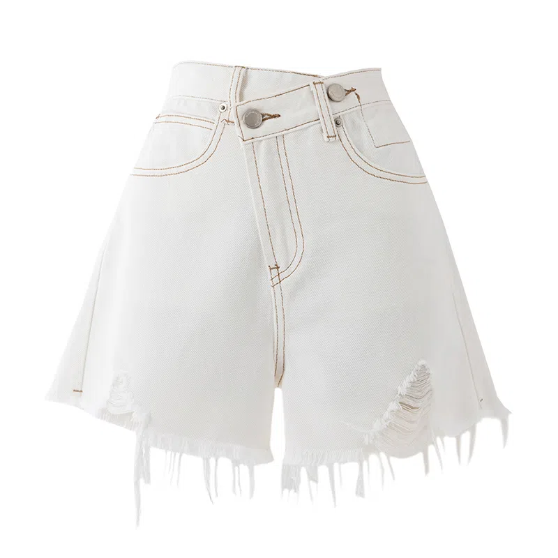SOON FLOWER Distressed Denim Shorts White