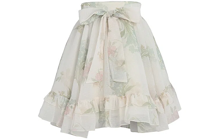 森女部落 仙气碎花系带裙子高腰小个子半身裙 女款 杏色