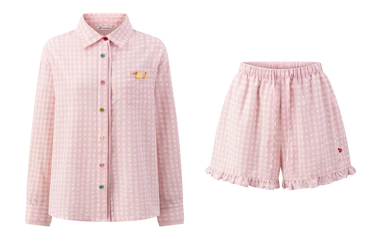 东鲸岁时记 可爱甜美格子长袖衬衫宽松显瘦休闲套装 女款 两件装 粉色