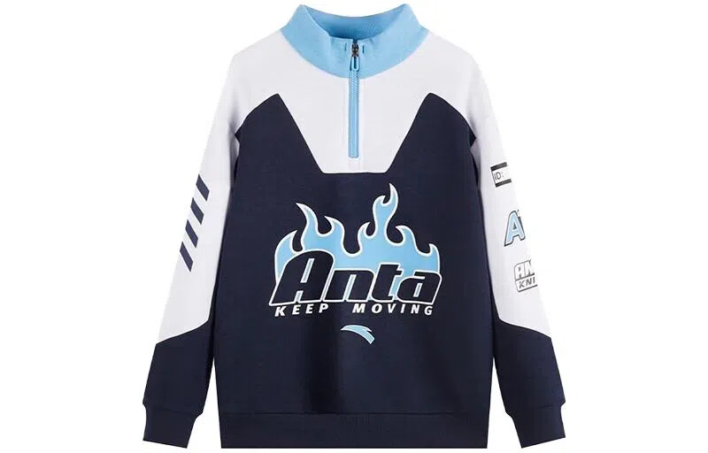 安踏 童装 字母拼接半开领套头卫衣 男童 纯雅蓝
