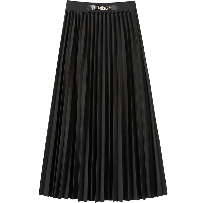 她池 纯色百褶半身休闲长裙 女款 黑色